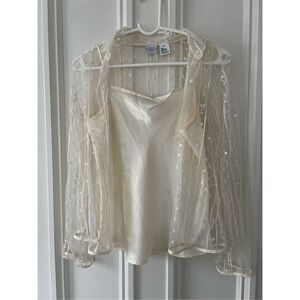 Talbots  sheer embroidered floral long sleeve cream button down and tank set/ wo